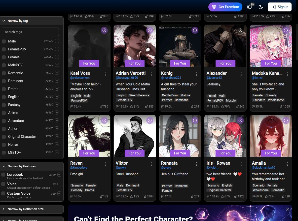 Grilă de carduri și bannerul Can't Find the Perfect Character? în partea de jos